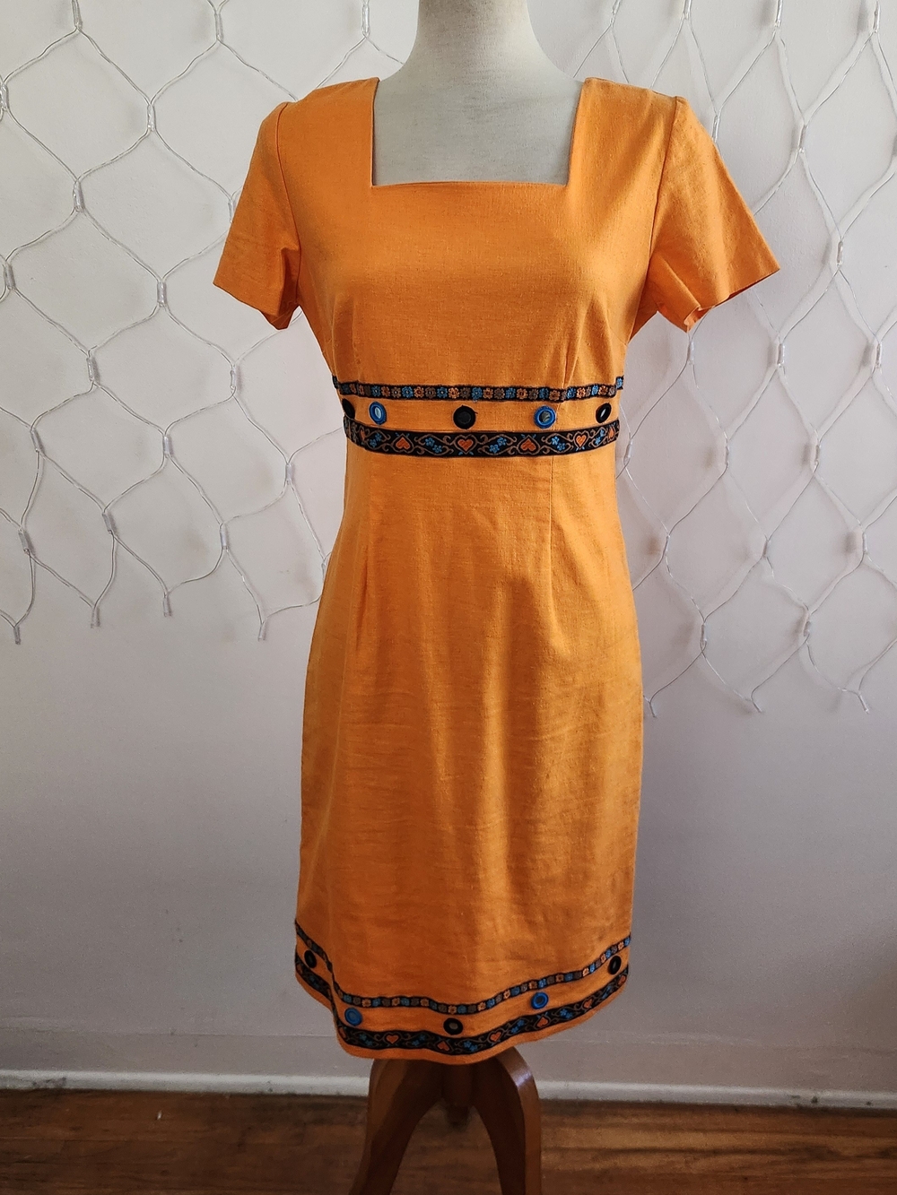 Vintage Square Neck Dress by K.C. Spencer NY • Orange • Linen Mix • Size 8